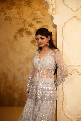 White & Silver Net Embroidered Sharara Jacket Set