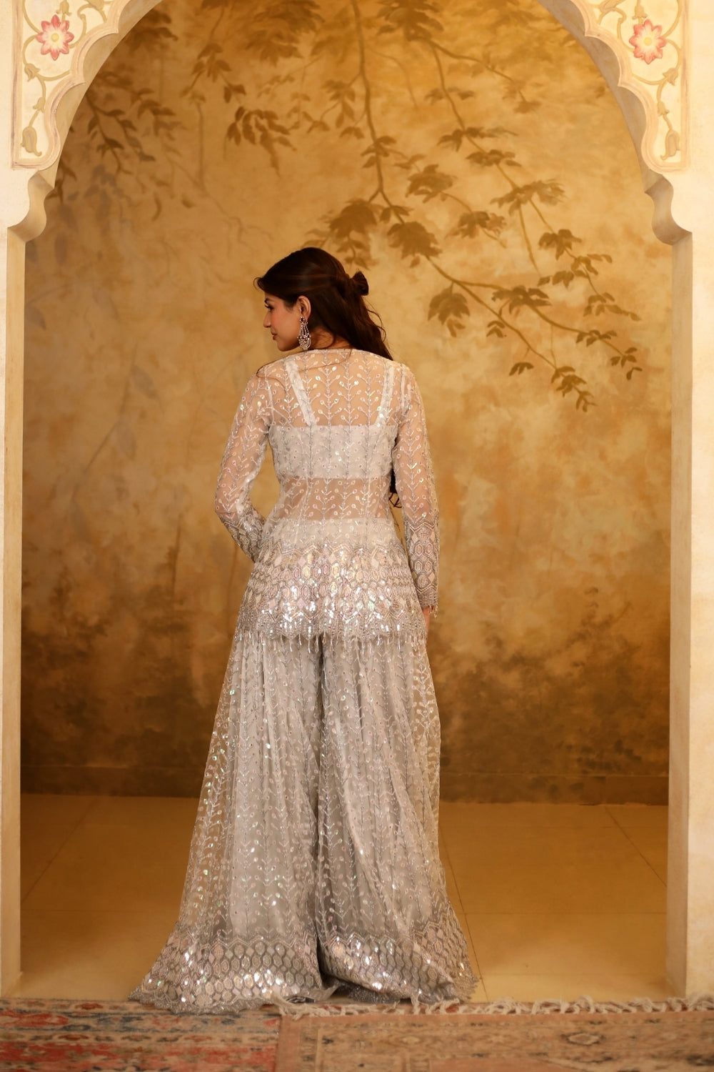 White & Silver Net Embroidered Sharara Jacket Set