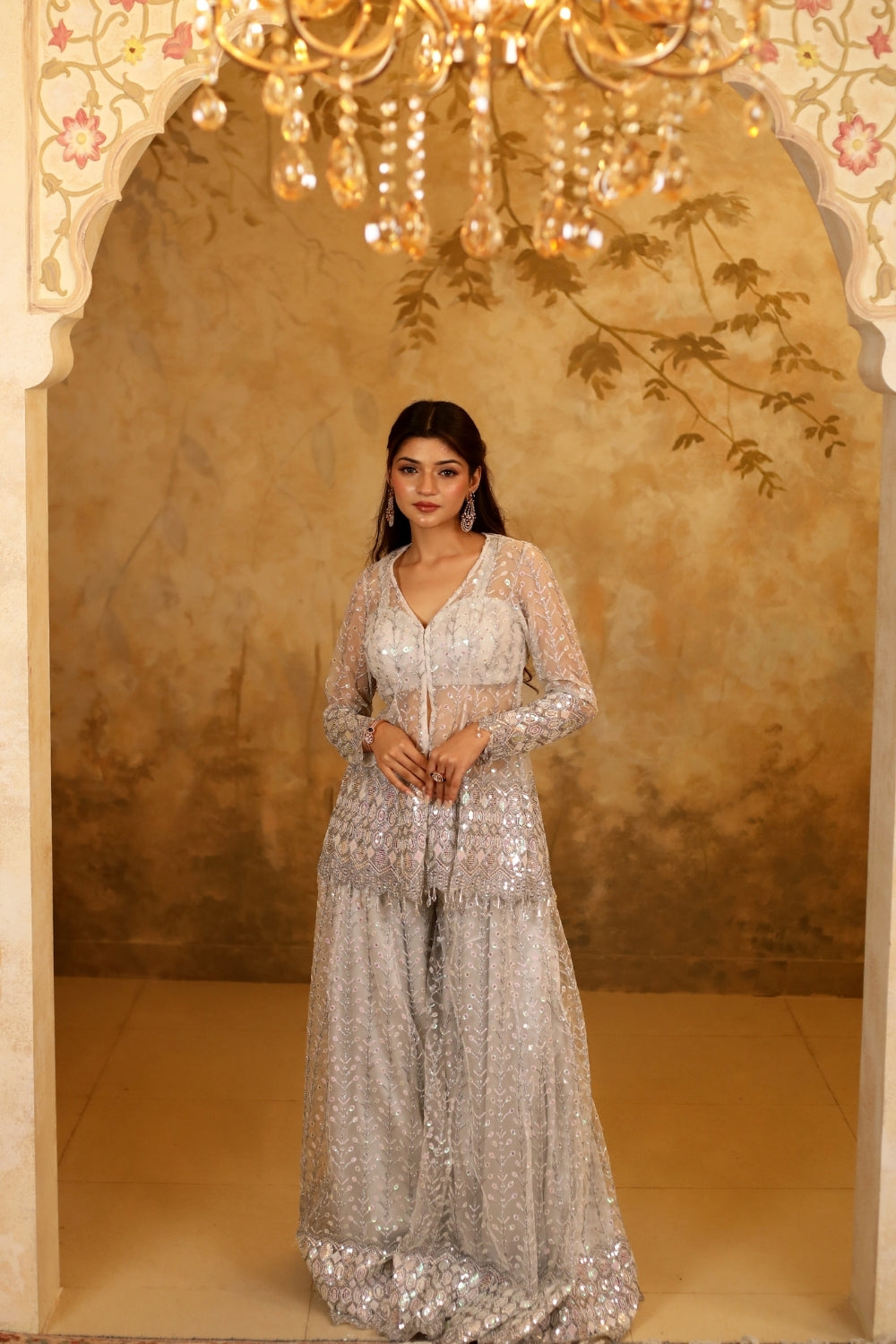 White & Silver Net Embroidered Sharara Jacket Set