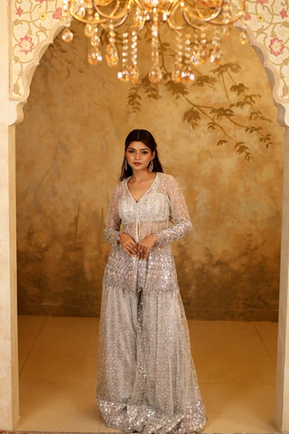 White & Silver Net Embroidered Sharara Jacket Set