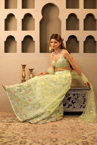 Green Floral Net Embroidered Sharara Set