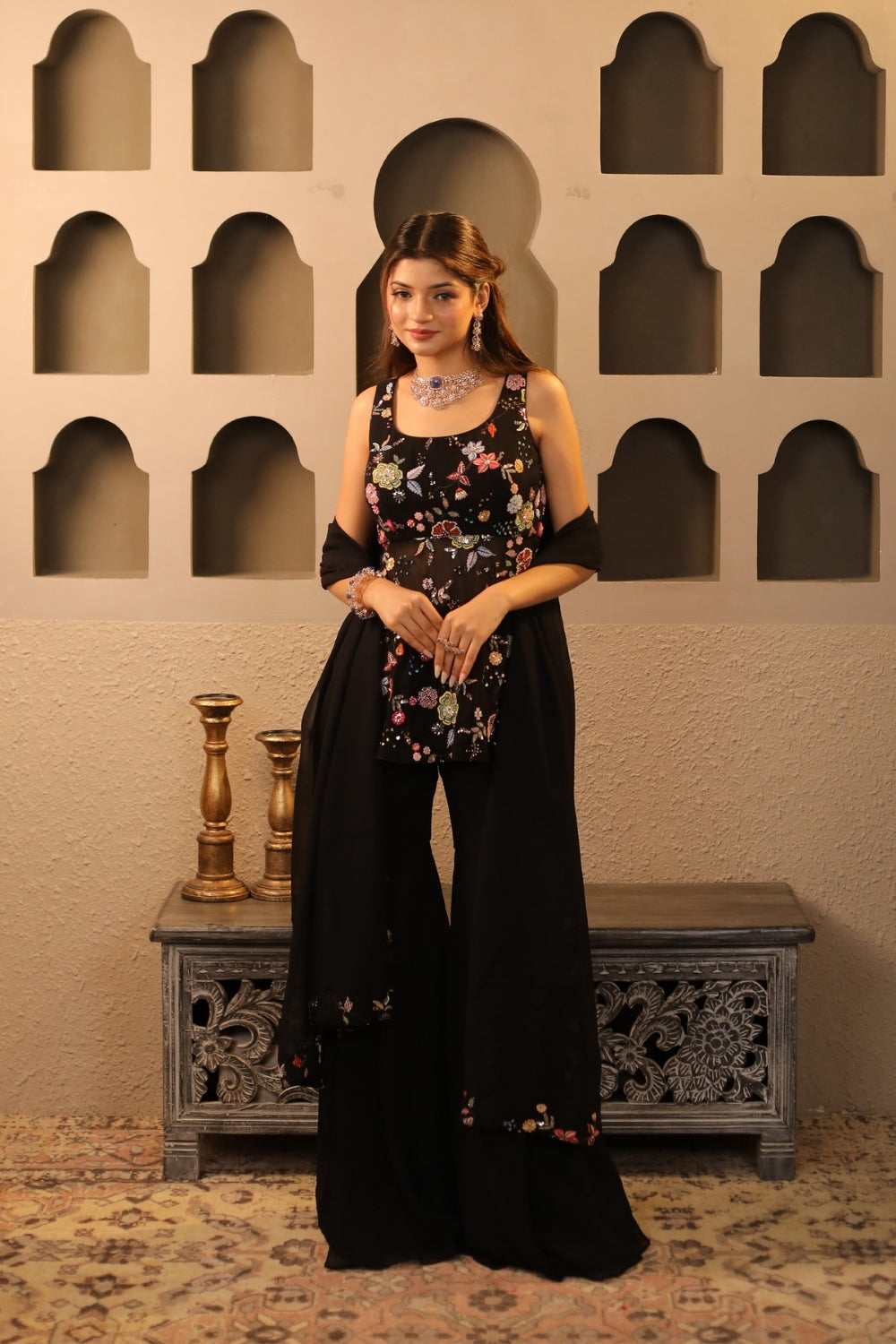 Black Floral Embroidered Peplum Gharara Set