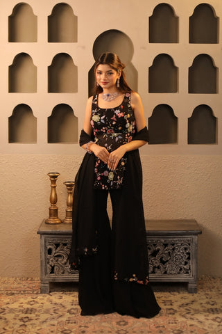Black Floral Embroidered Peplum Gharara Set