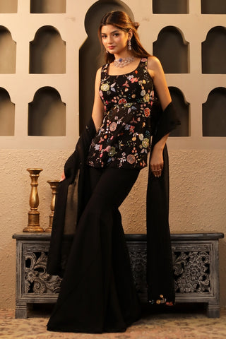 Black Floral Embroidered Peplum Gharara Set