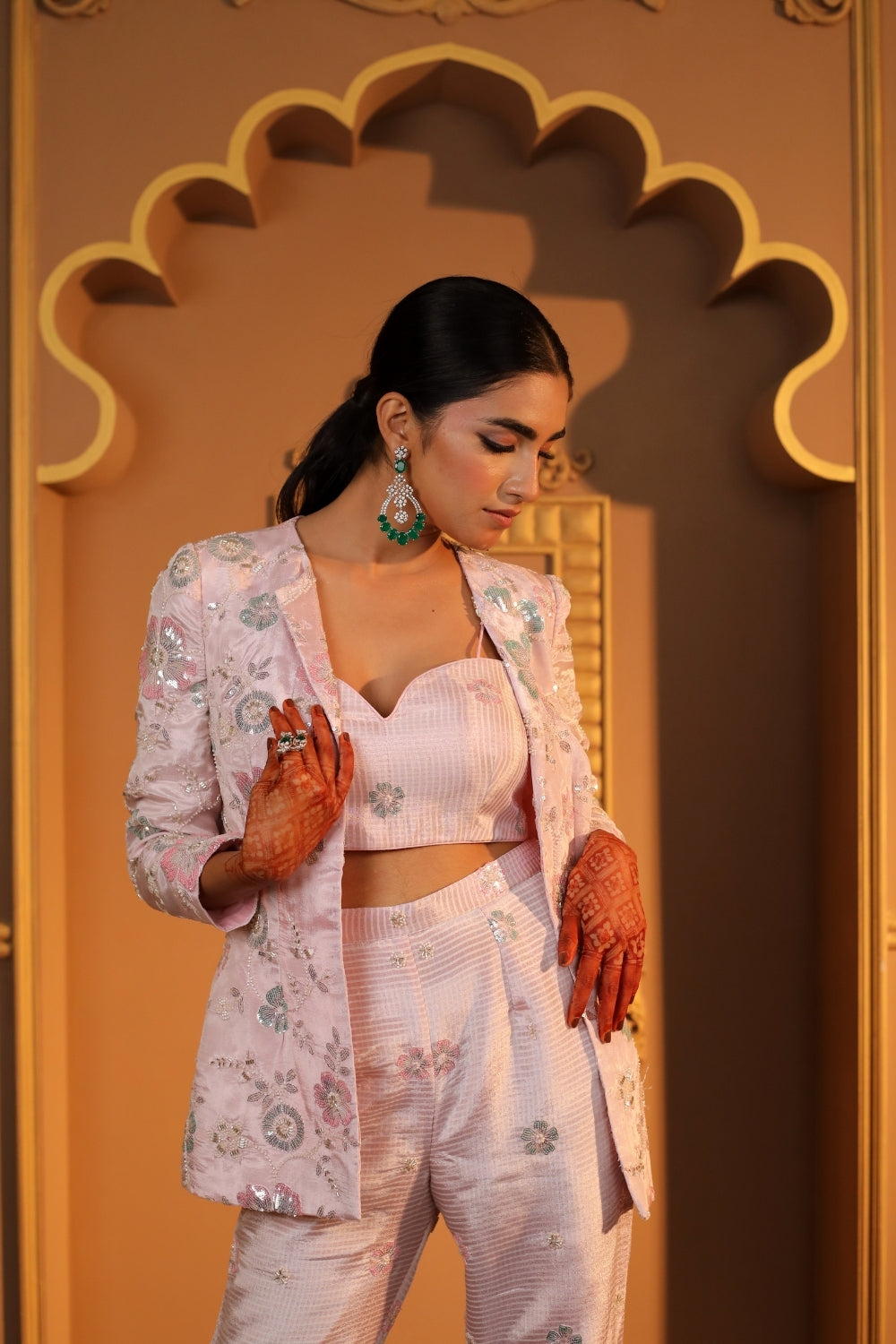 Baby Pink Hand Embroidered Blazer Set