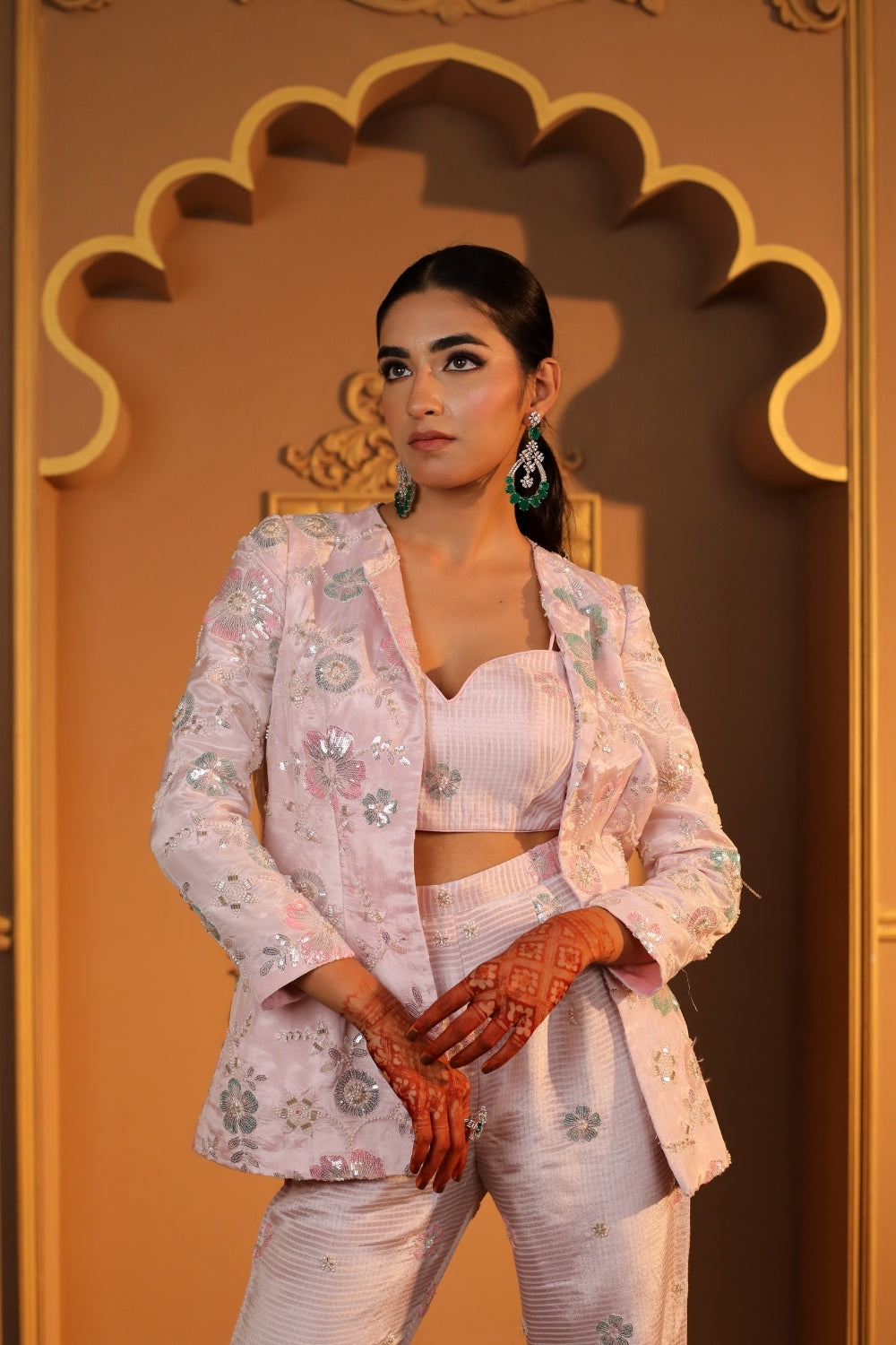 Baby Pink Hand Embroidered Blazer Set