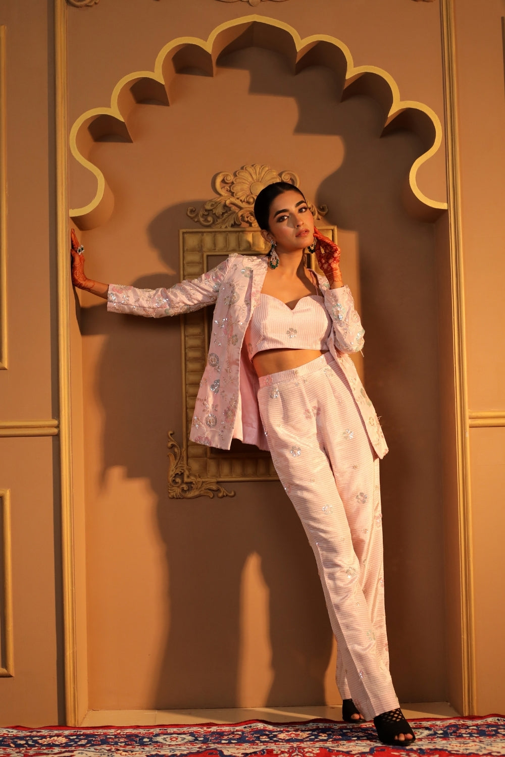 Baby Pink Hand Embroidered Blazer Set