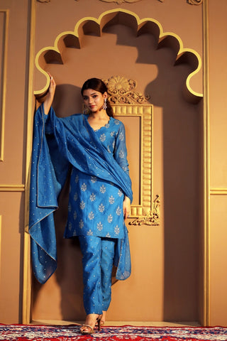 Blue Chanderi Booti Suit