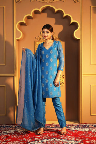 Blue Chanderi Booti Suit