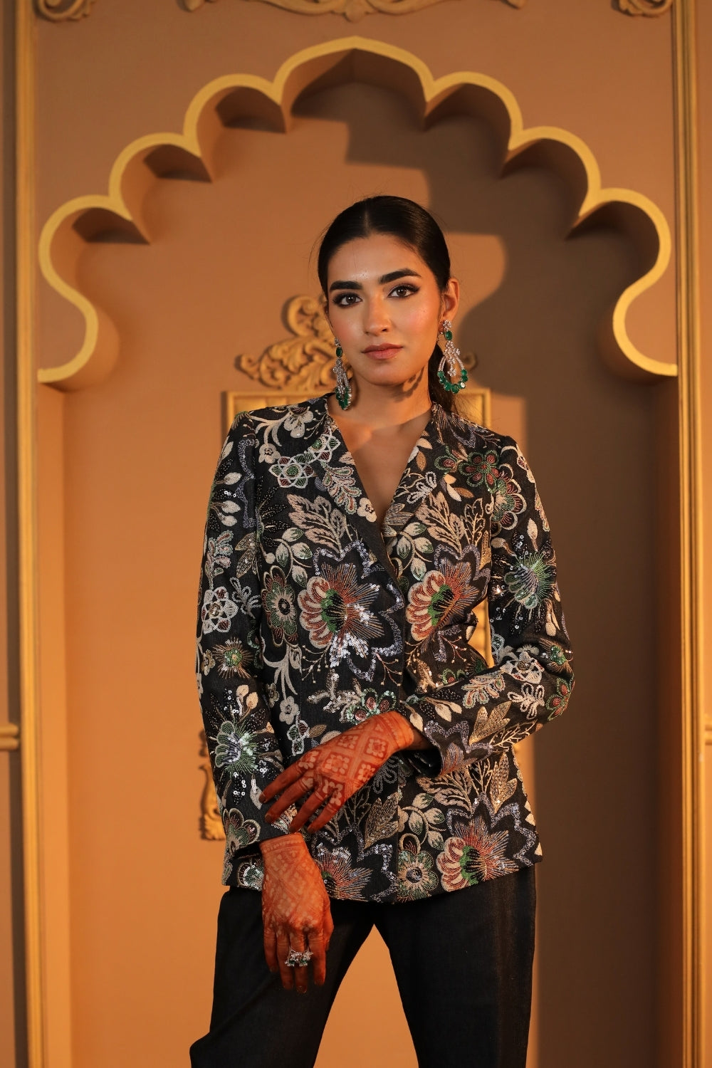 Black Denim Embroidered Blazer Set
