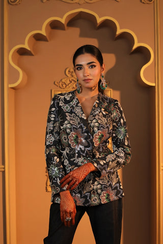 Black Denim Embroidered Blazer Set