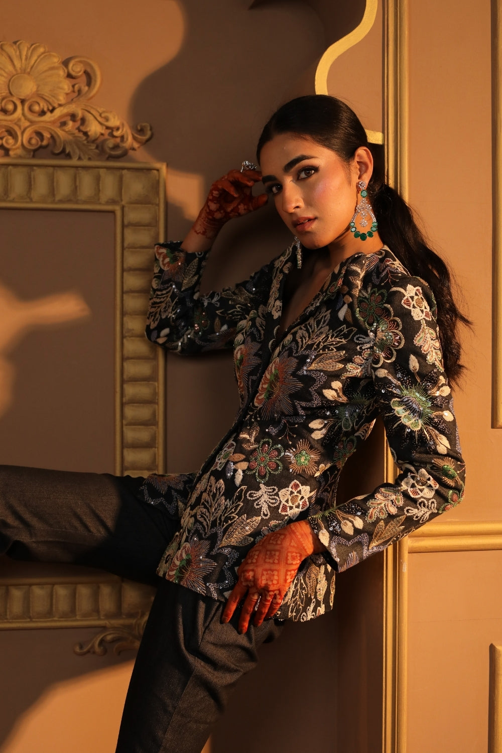 Black Denim Embroidered Blazer Set