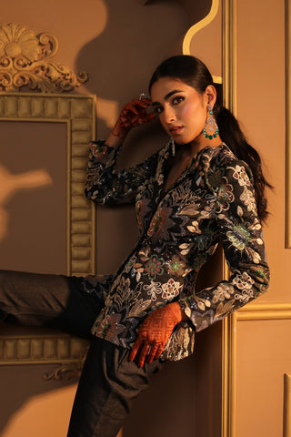 Black Denim Embroidered Blazer Set