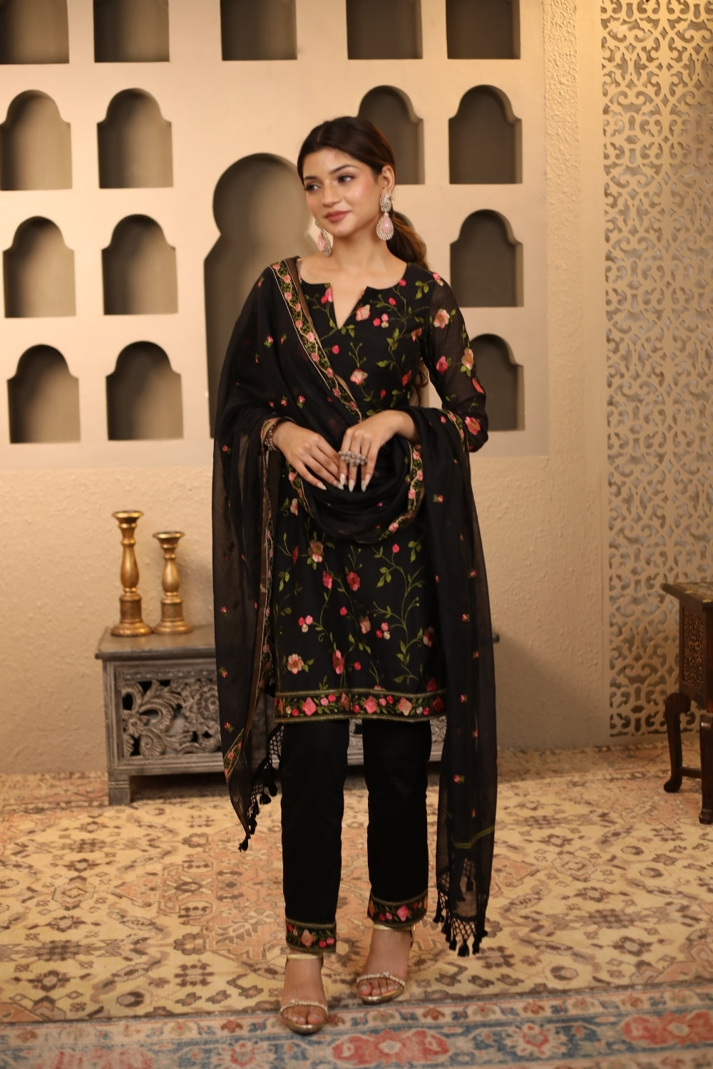 Black Chanderi Floral Suit