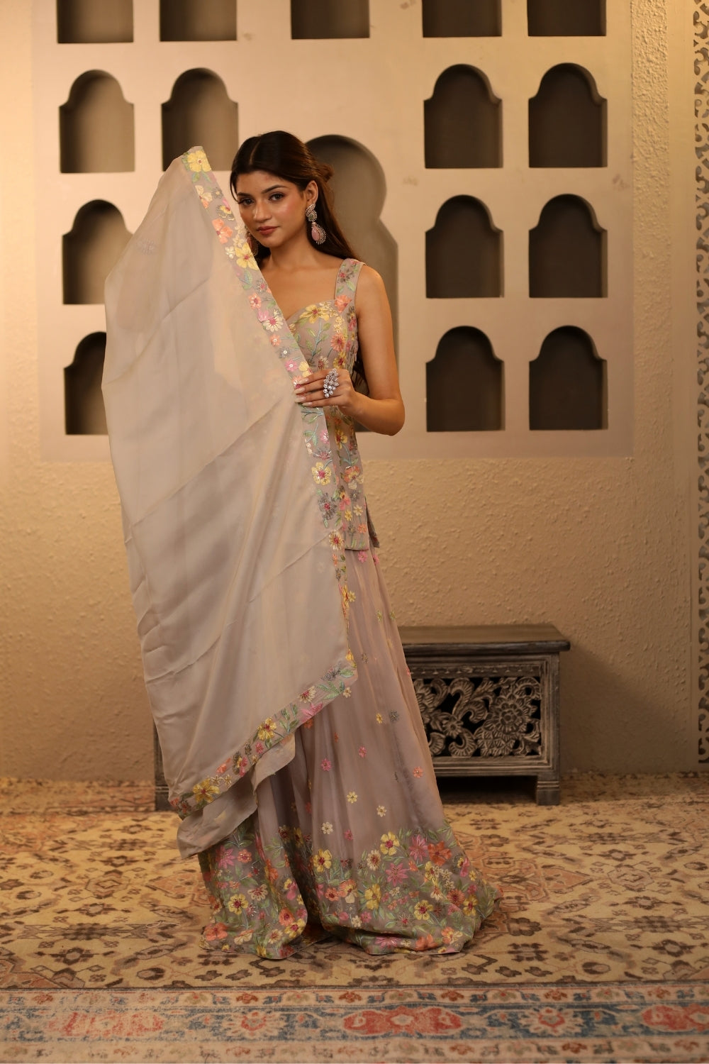Grey Floral Embroidered Sharara Set
