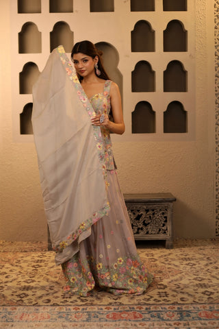 Grey Floral Embroidered Sharara Set