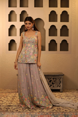 Grey Floral Embroidered Sharara Set