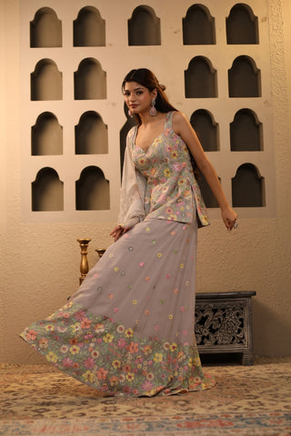 Grey Floral Embroidered Sharara Set