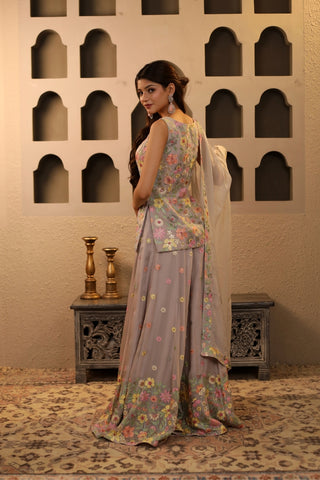 Grey Floral Embroidered Sharara Set
