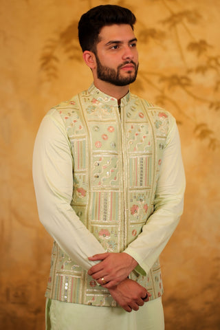 Sage Green Tissue Embroidered Nehru Jacket
