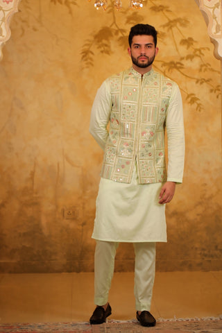 Sage Green Tissue Embroidered Nehru Jacket