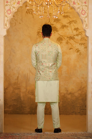 Sage Green Tissue Embroidered Nehru Jacket