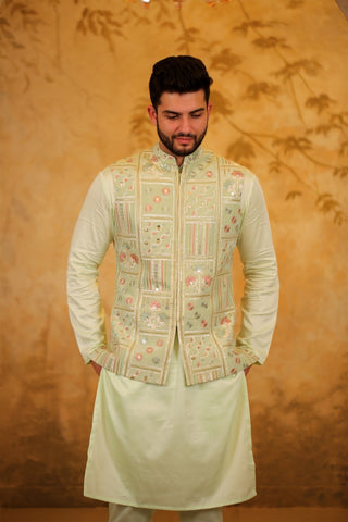 Sage Green Tissue Embroidered Nehru Jacket