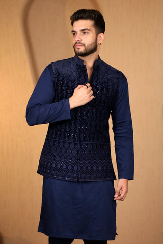 Blue Velvet Embroidered Nehru Jacket