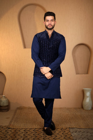 Blue Velvet Embroidered Nehru Jacket