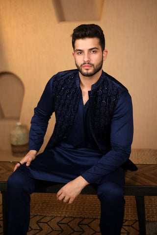 Blue Velvet Embroidered Nehru Jacket