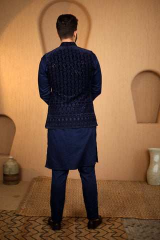 Blue Velvet Embroidered Nehru Jacket