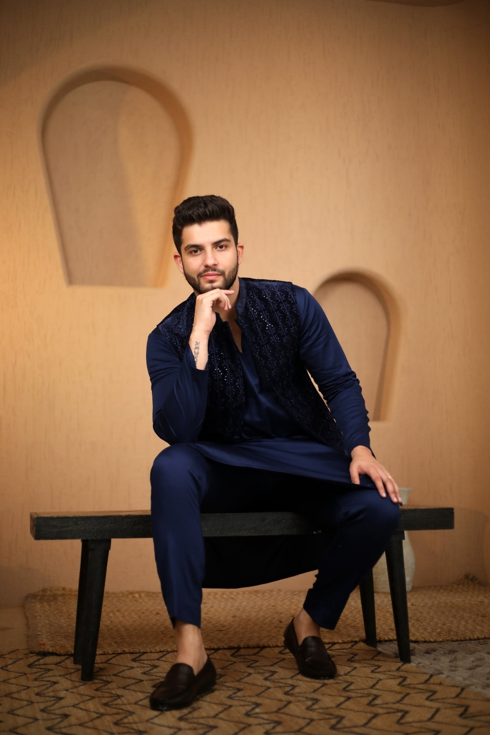 Blue Velvet Embroidered Nehru Jacket