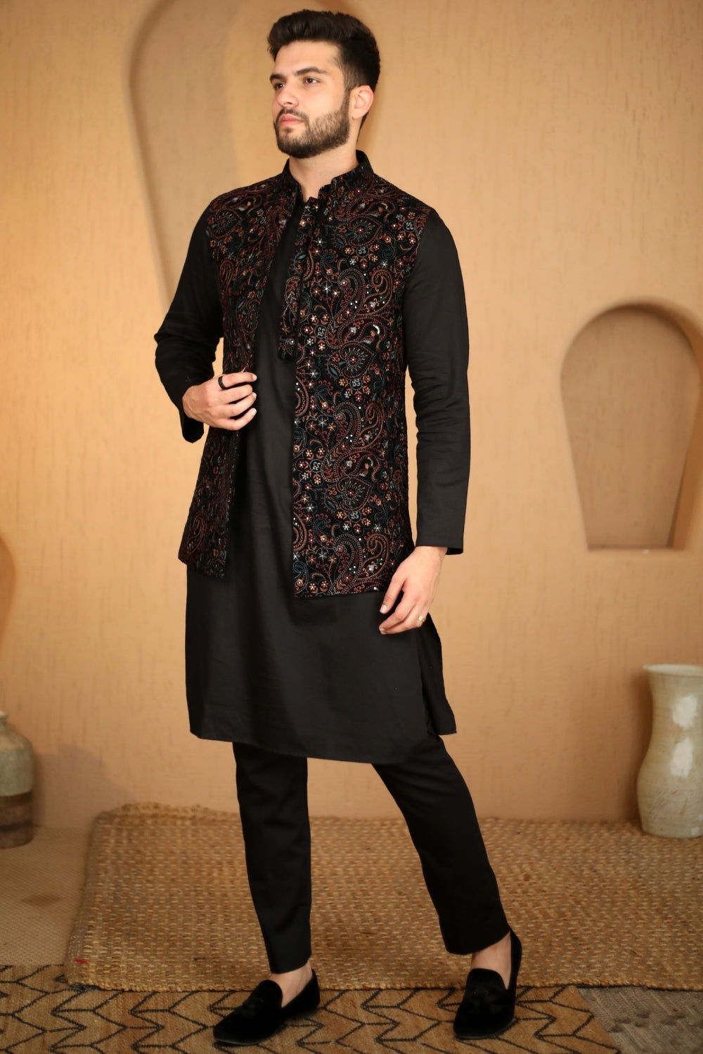 Black Velvet Embroidered Nehru Jacket