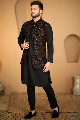 Black Velvet Embroidered Nehru Jacket