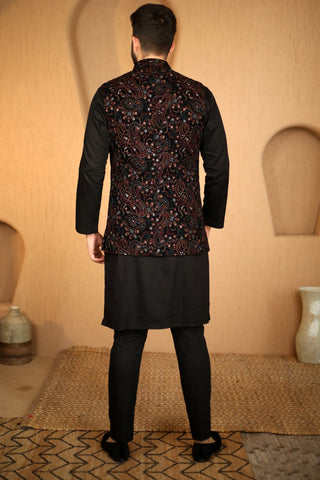 Black Velvet Embroidered Nehru Jacket