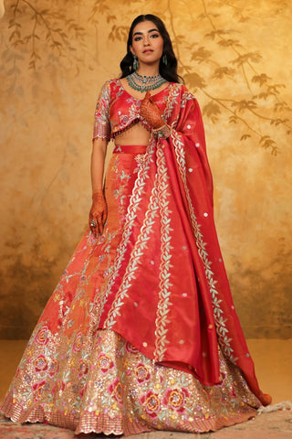 Cherry Red Floral Embroidered Lehenga