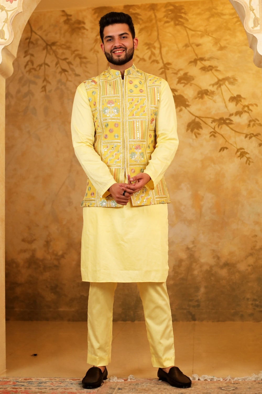 Yellow Tissue Embroidered Nehru Jacket