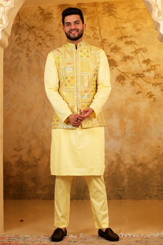 Yellow Tissue Embroidered Nehru Jacket