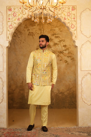 Yellow Tissue Embroidered Nehru Jacket