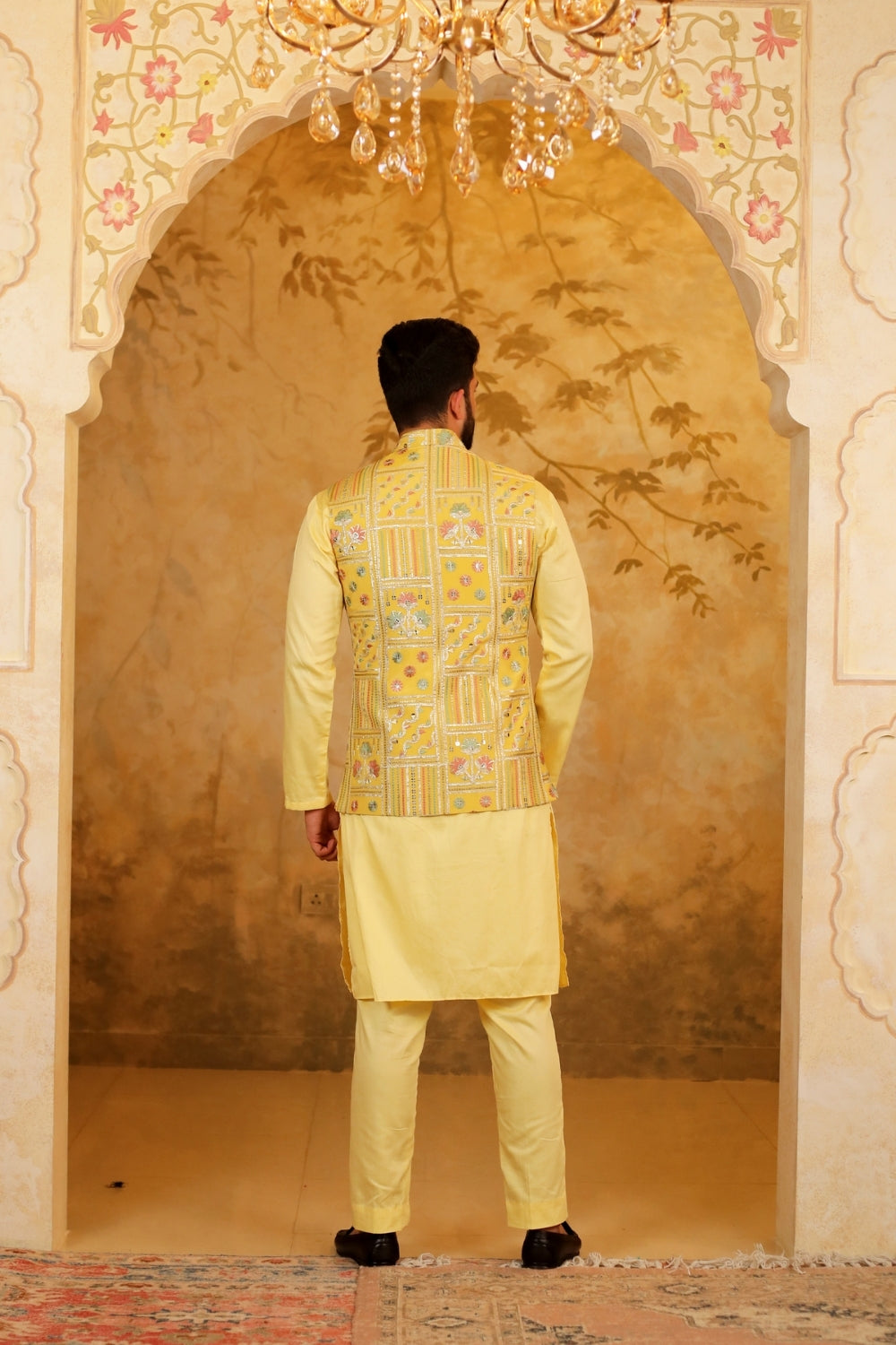 Yellow Tissue Embroidered Nehru Jacket