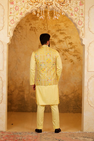 Yellow Tissue Embroidered Nehru Jacket
