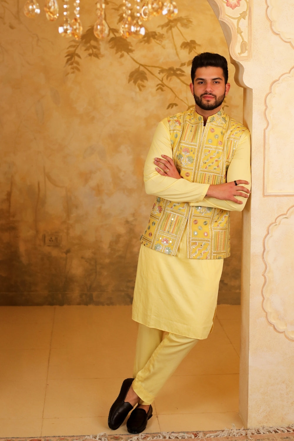 Yellow Tissue Embroidered Nehru Jacket