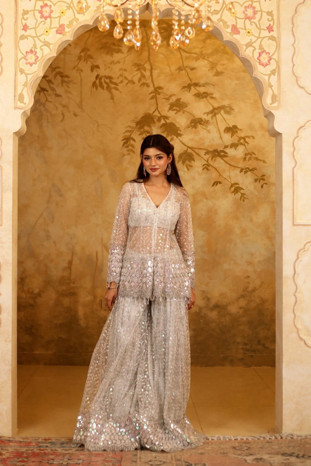 White & Silver Net Embroidered Sharara Jacket Set