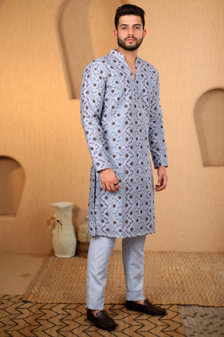 Blue- Grey Embroidered Kurta Set