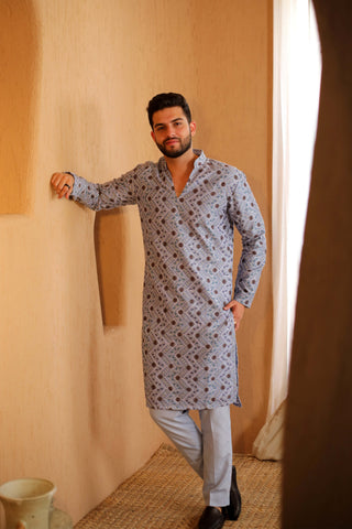 Blue- Grey Embroidered Kurta Set