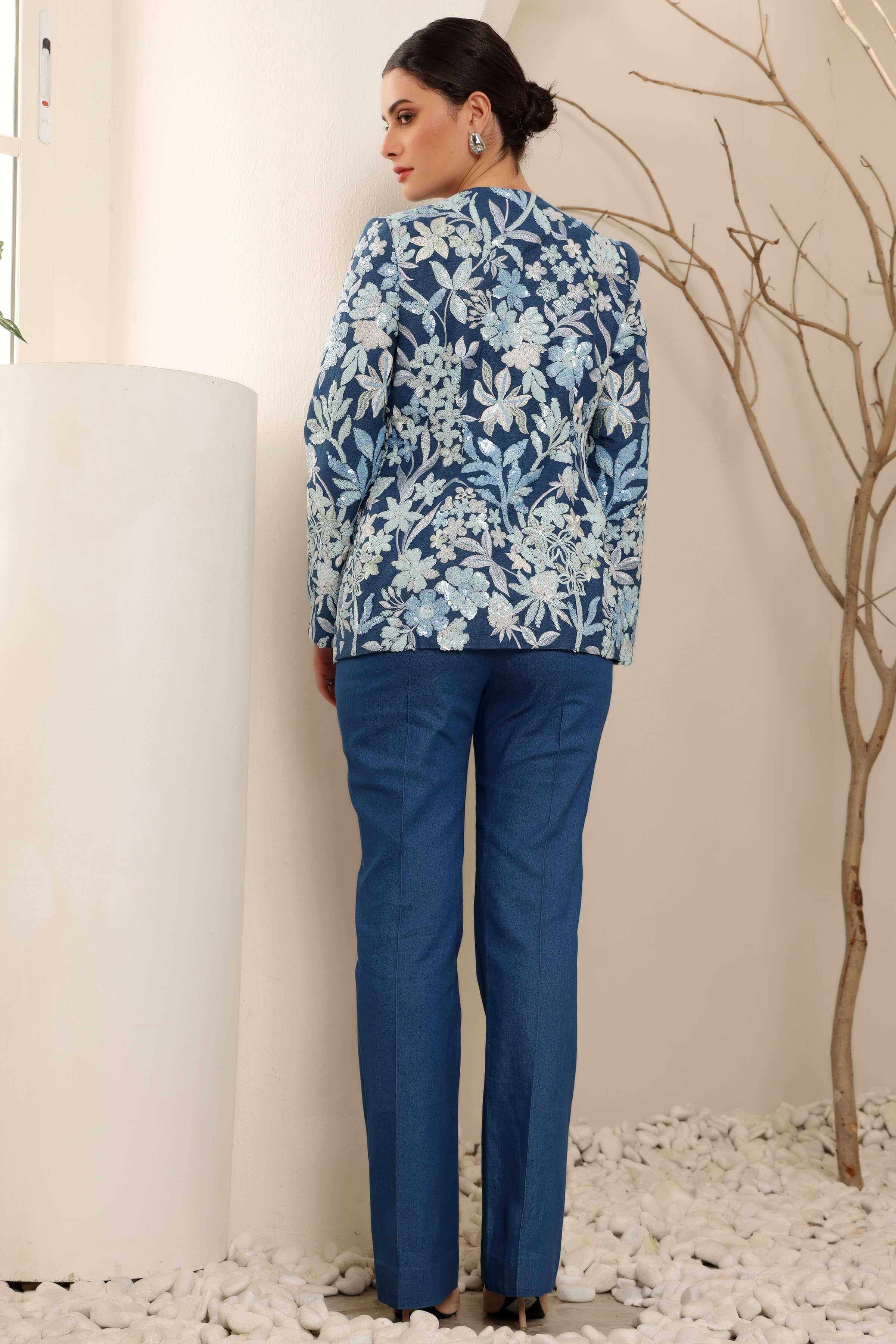 Blue Denim Tone On Tone Embroidered Blazer Set
