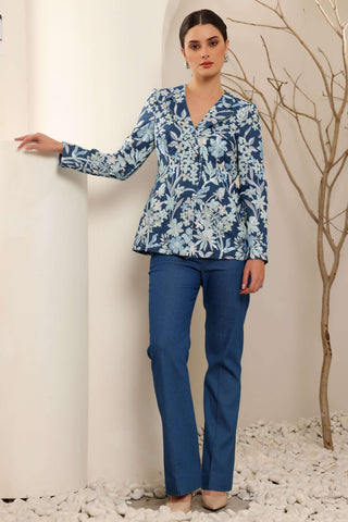 Blue Denim Tone On Tone Embroidered Blazer Set