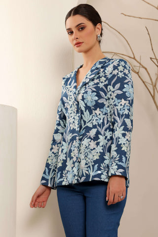 Blue Denim Tone On Tone Embroidered Blazer Set