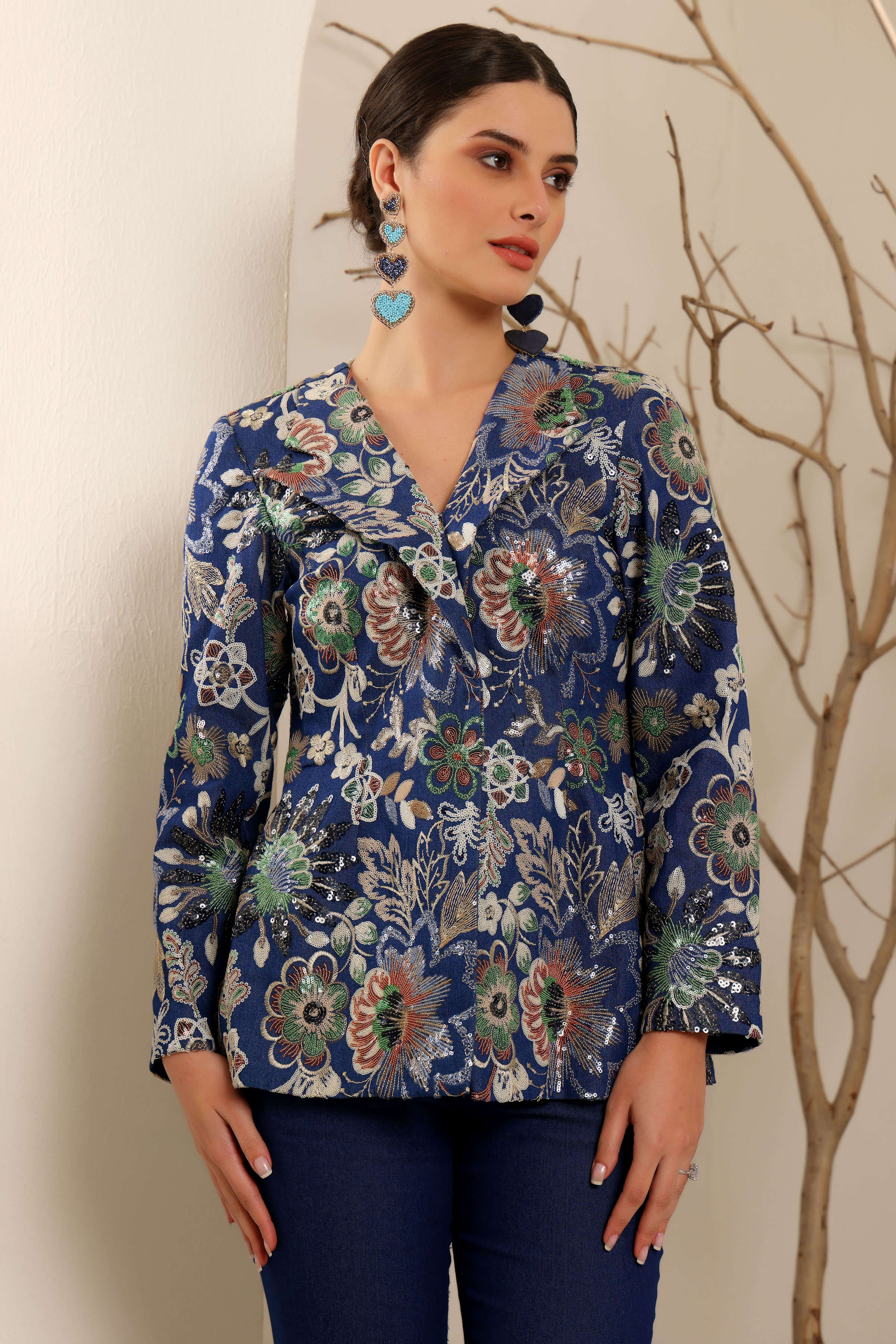 Ink Blue Classic Denim Embroidered Blazer Set