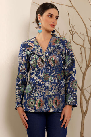 Ink Blue Classic Denim Embroidered Blazer Set